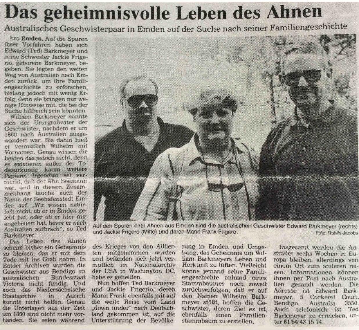 Frank Frigero, Jaqueline Frigero (nee Barkmeyer) and Ted Barkmeyer in a German newspaper article
